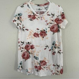 12 PM by Mon Ami White Pink Floral Short Sleeve Blouse Soft Comfy Stretch Large